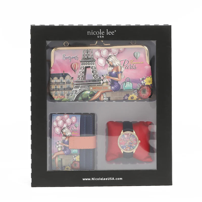 NICOLE LEE SET PORTAFOGLIO+OROLOGIO+PORTA CARTE ROMANCE IN PARIS